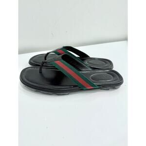 Gucci Web Leather Slip On Thong Flip Flop Flat Sandals Black Men's Size US 11.5